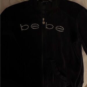 bebe Black Rhinestone Logo Zip Front Teddy Jacket